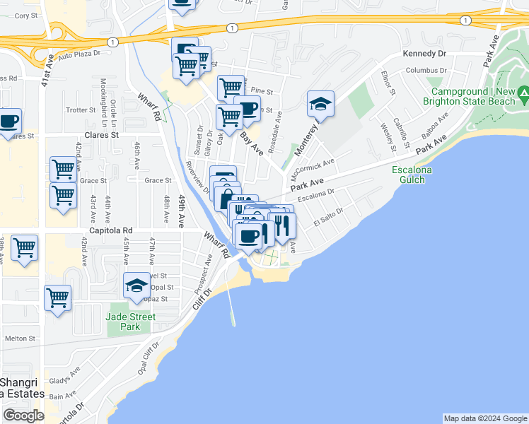 map of restaurants, bars, coffee shops, grocery stores, and more near 204 Fanmar Way in Capitola