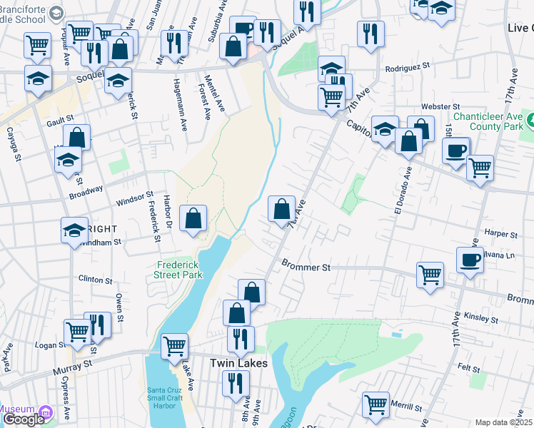 map of restaurants, bars, coffee shops, grocery stores, and more near 1171 7th Avenue in Santa Cruz