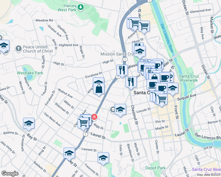map of restaurants, bars, coffee shops, grocery stores, and more near 603 Mission Street in Santa Cruz