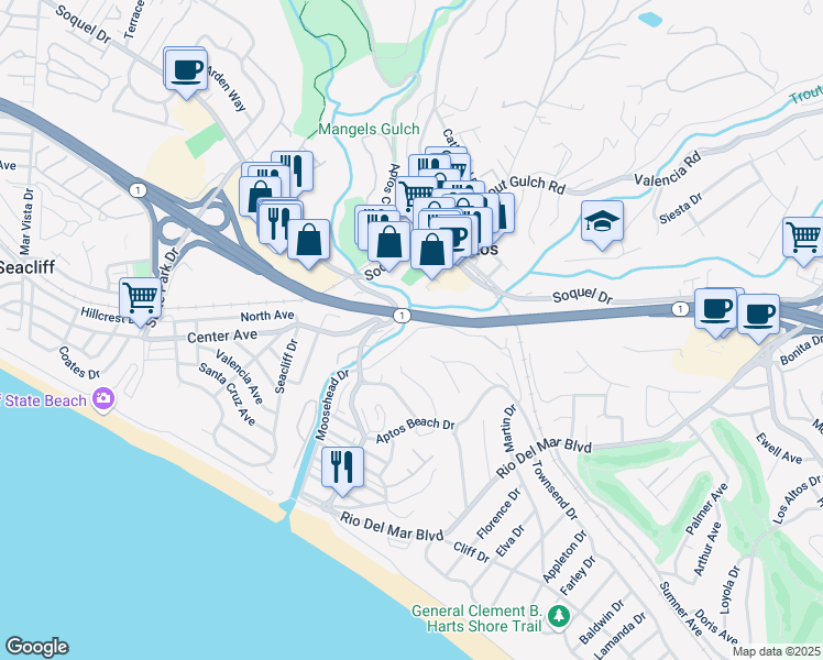 map of restaurants, bars, coffee shops, grocery stores, and more near 321 Moosehead Drive in Aptos