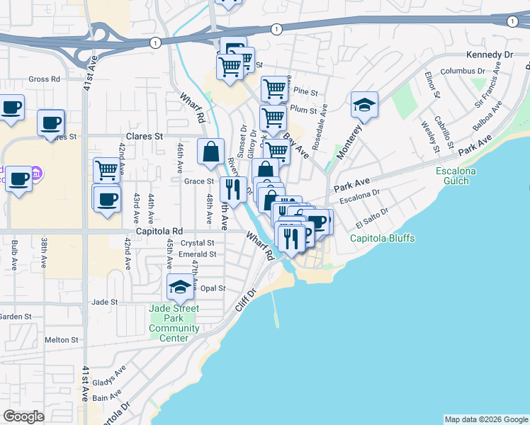 map of restaurants, bars, coffee shops, grocery stores, and more near 402 Blue Gum Avenue in Capitola