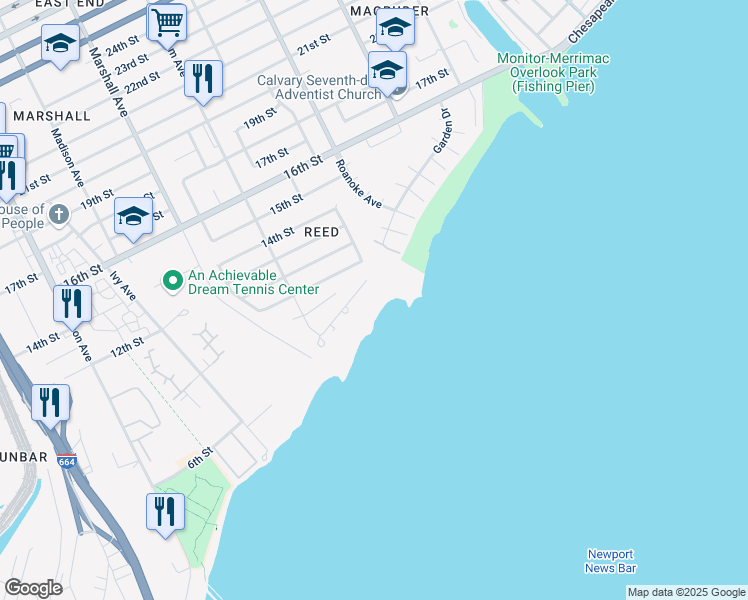 map of restaurants, bars, coffee shops, grocery stores, and more near 938 Shore Dr in Newport News