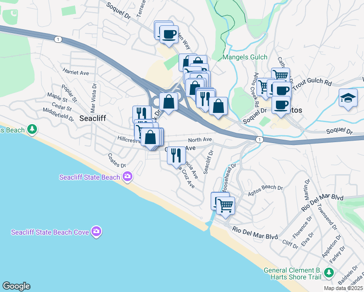 map of restaurants, bars, coffee shops, grocery stores, and more near 249 North Avenue in Aptos