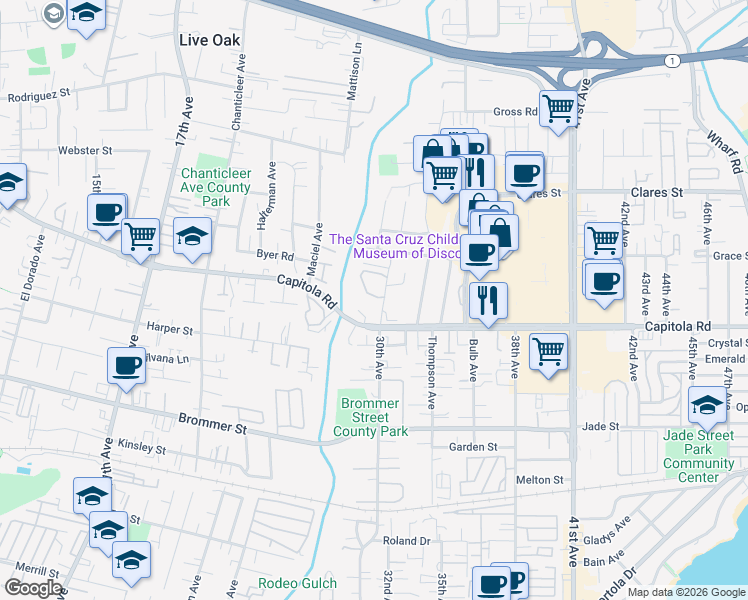 map of restaurants, bars, coffee shops, grocery stores, and more near 2923 Leotar Circle in Santa Cruz