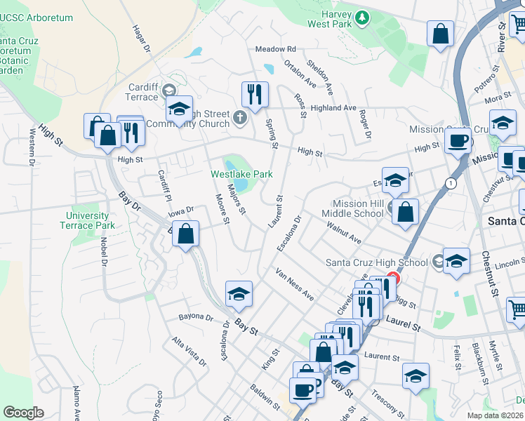 map of restaurants, bars, coffee shops, grocery stores, and more near 131 Spring Street in Santa Cruz