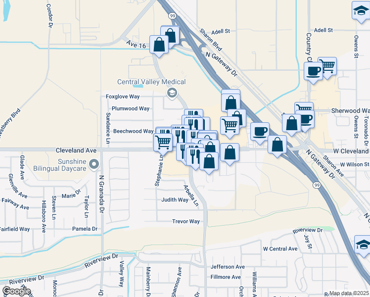 map of restaurants, bars, coffee shops, grocery stores, and more near 2339 Ave 15 1/2 in Madera
