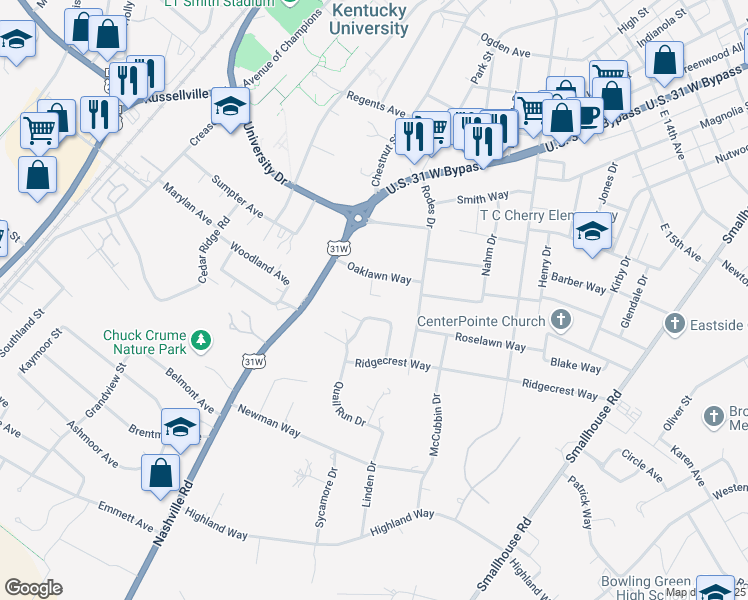map of restaurants, bars, coffee shops, grocery stores, and more near 623 Oaklawn Way in Bowling Green