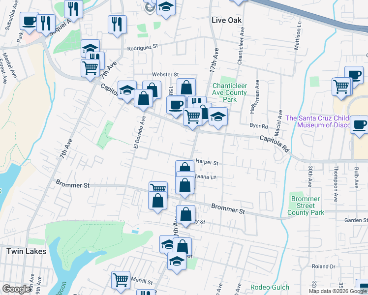 map of restaurants, bars, coffee shops, grocery stores, and more near 1547 17th Avenue in Santa Cruz