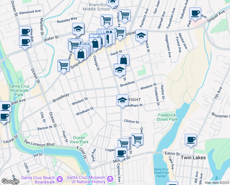 map of restaurants, bars, coffee shops, grocery stores, and more near 1213 Seabright Avenue in Santa Cruz