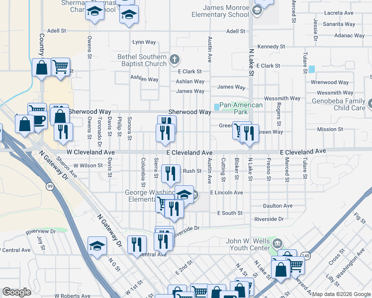 map of restaurants, bars, coffee shops, grocery stores, and more near 1111 Nebraska Avenue in Madera