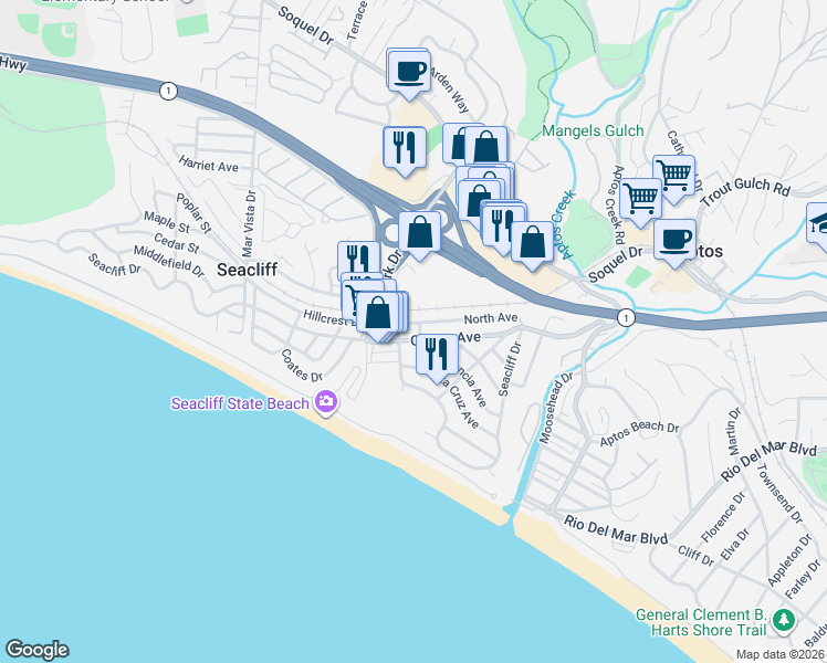 map of restaurants, bars, coffee shops, grocery stores, and more near in Aptos