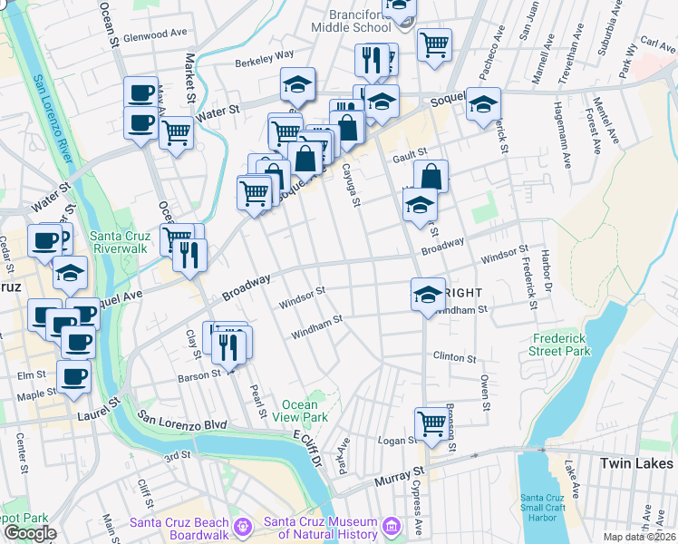 map of restaurants, bars, coffee shops, grocery stores, and more near 1106 Broadway in Santa Cruz