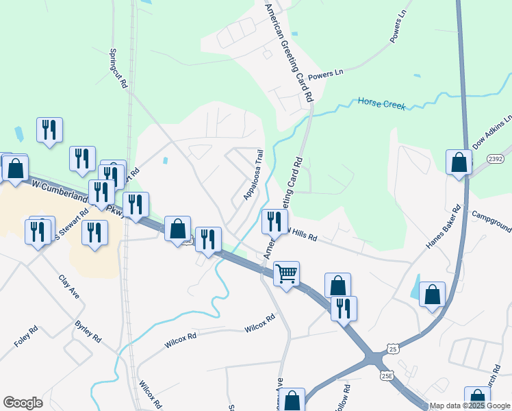 map of restaurants, bars, coffee shops, grocery stores, and more near 220 Palomino Trail in Corbin
