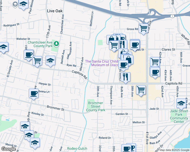 map of restaurants, bars, coffee shops, grocery stores, and more near 2915 Leotar Circle in Santa Cruz