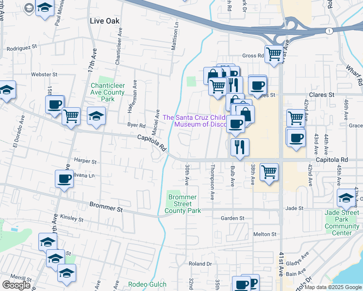 map of restaurants, bars, coffee shops, grocery stores, and more near 2915 Leotar Circle in Santa Cruz