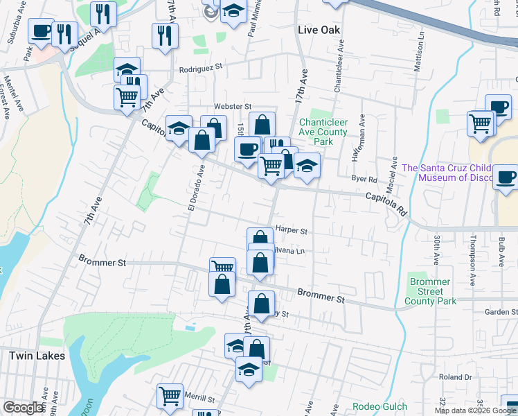 map of restaurants, bars, coffee shops, grocery stores, and more near 1547 17th Avenue in Santa Cruz