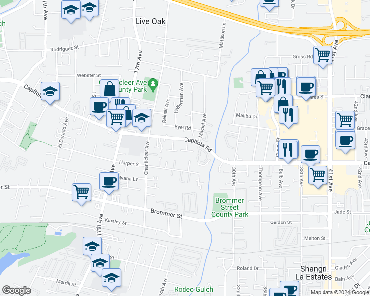 map of restaurants, bars, coffee shops, grocery stores, and more near 1611B Hawthorne Way in Santa Cruz