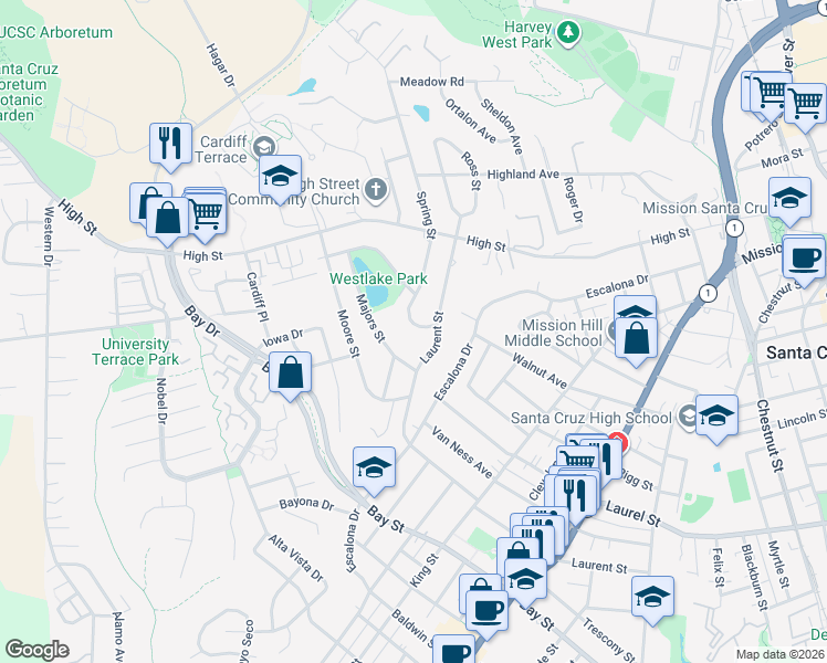 map of restaurants, bars, coffee shops, grocery stores, and more near 131 Spring Street in Santa Cruz