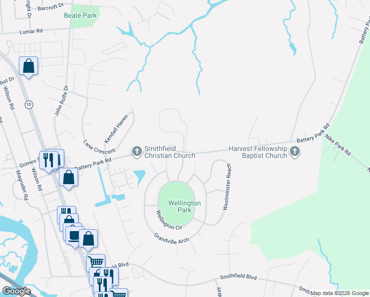 map of restaurants, bars, coffee shops, grocery stores, and more near 18501 Battery Park Road in Smithfield