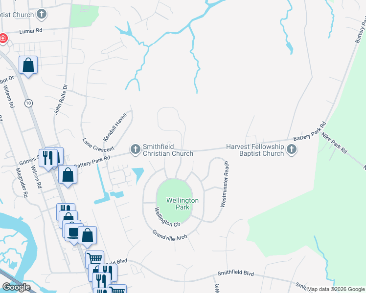 map of restaurants, bars, coffee shops, grocery stores, and more near 18501 Battery Park Road in Smithfield