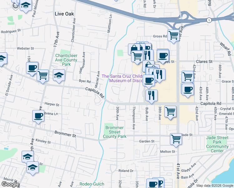 map of restaurants, bars, coffee shops, grocery stores, and more near 2923 Leotar Circle in Santa Cruz