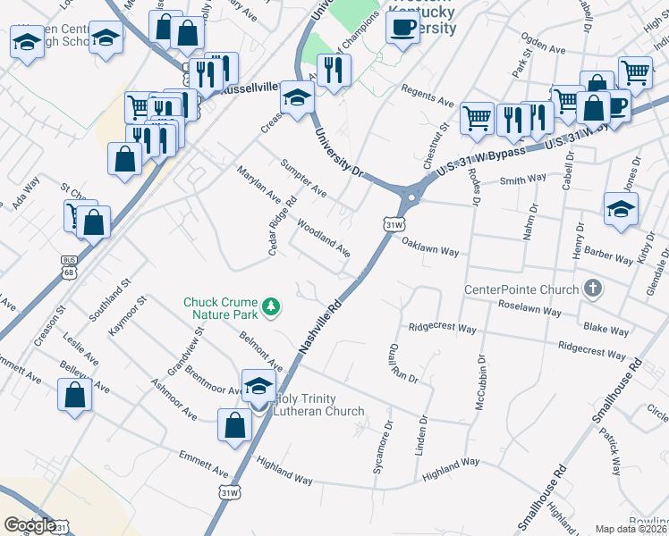 map of restaurants, bars, coffee shops, grocery stores, and more near 1953 Woodland Avenue in Bowling Green