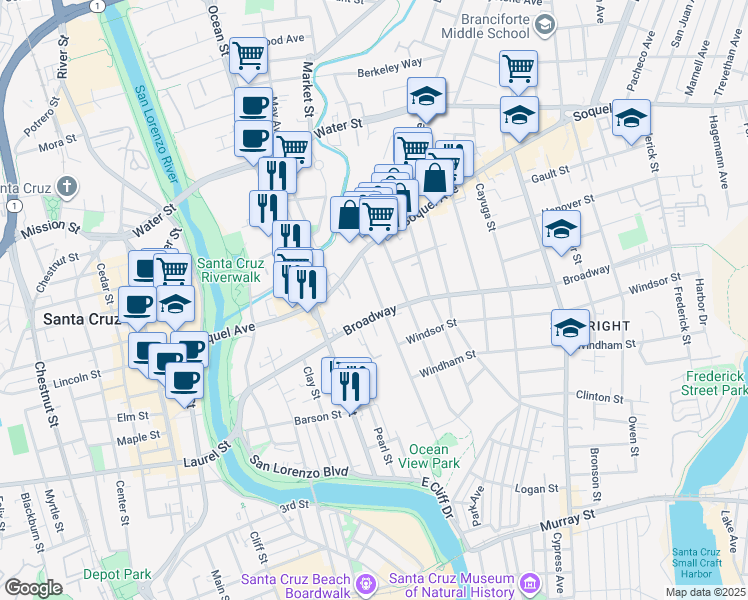 map of restaurants, bars, coffee shops, grocery stores, and more near 516 Ocean View Avenue in Santa Cruz