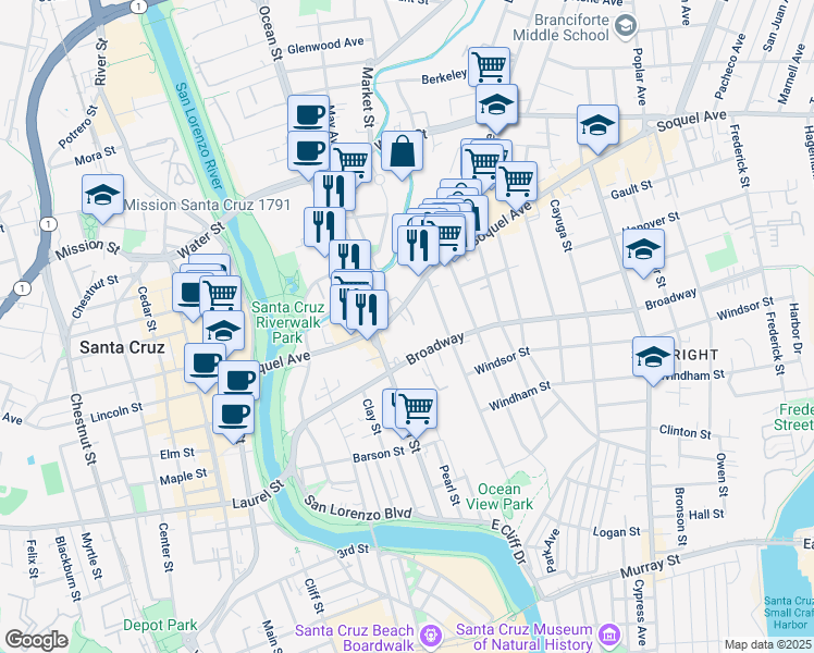 map of restaurants, bars, coffee shops, grocery stores, and more near 500 Soquel Avenue in Santa Cruz