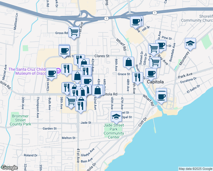 map of restaurants, bars, coffee shops, grocery stores, and more near 1750 44th Avenue in Capitola