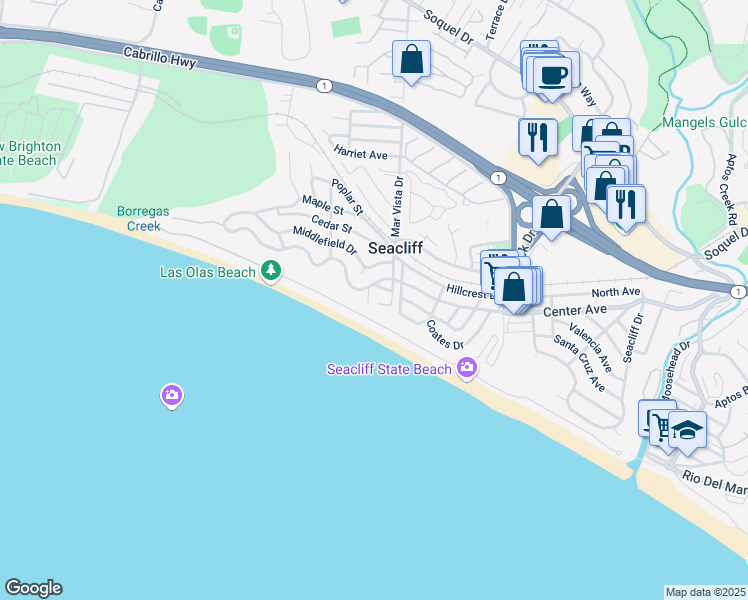 map of restaurants, bars, coffee shops, grocery stores, and more near 105 Long Leaf Lane in Aptos