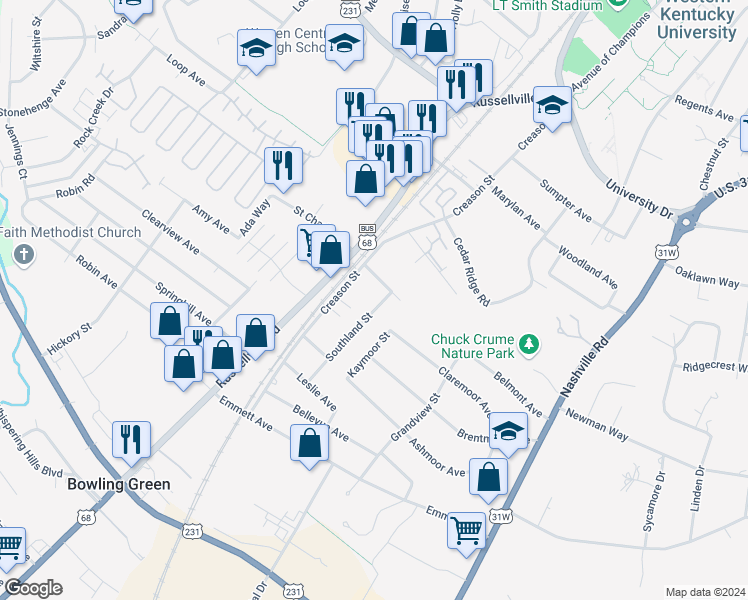 map of restaurants, bars, coffee shops, grocery stores, and more near 2107 Southland Street in Bowling Green