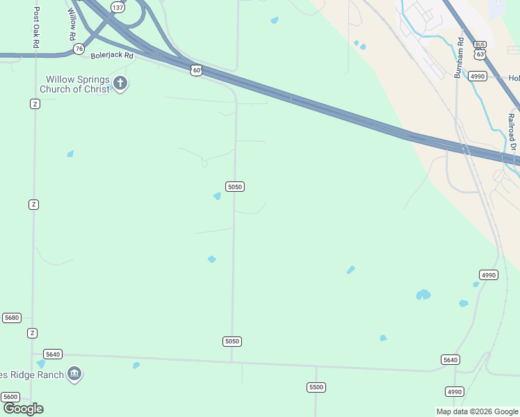 map of restaurants, bars, coffee shops, grocery stores, and more near 1196 County Road 5050 in Willow Springs