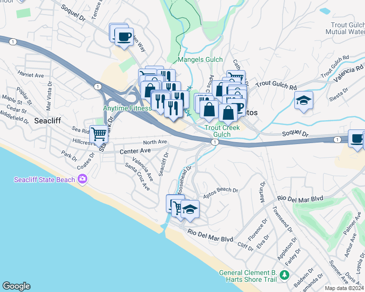 map of restaurants, bars, coffee shops, grocery stores, and more near 46 Seacliff Drive in Aptos