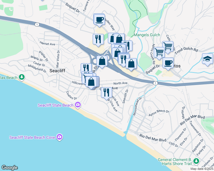 map of restaurants, bars, coffee shops, grocery stores, and more near 249 North Avenue in Aptos