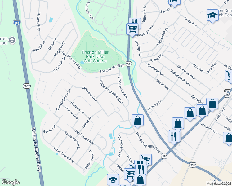 map of restaurants, bars, coffee shops, grocery stores, and more near 221-299 Whispering Hills Boulevard in Bowling Green