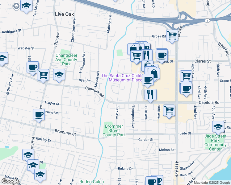 map of restaurants, bars, coffee shops, grocery stores, and more near 2906 Leotar Circle in Santa Cruz