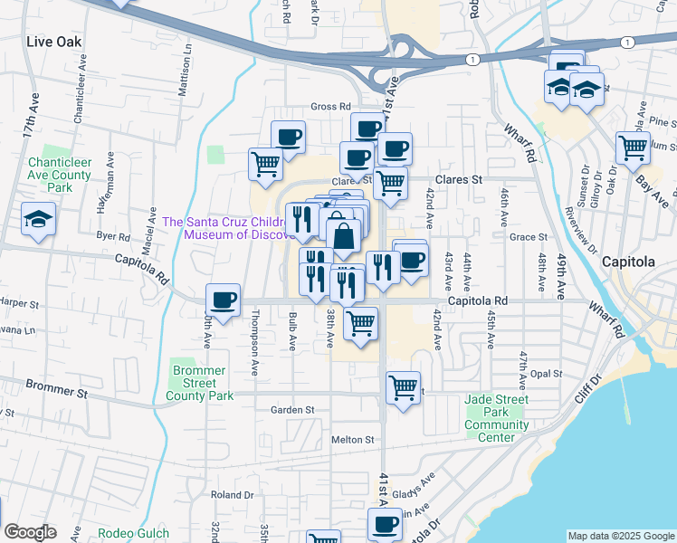 map of restaurants, bars, coffee shops, grocery stores, and more near 4015 Capitola Road in Santa Cruz