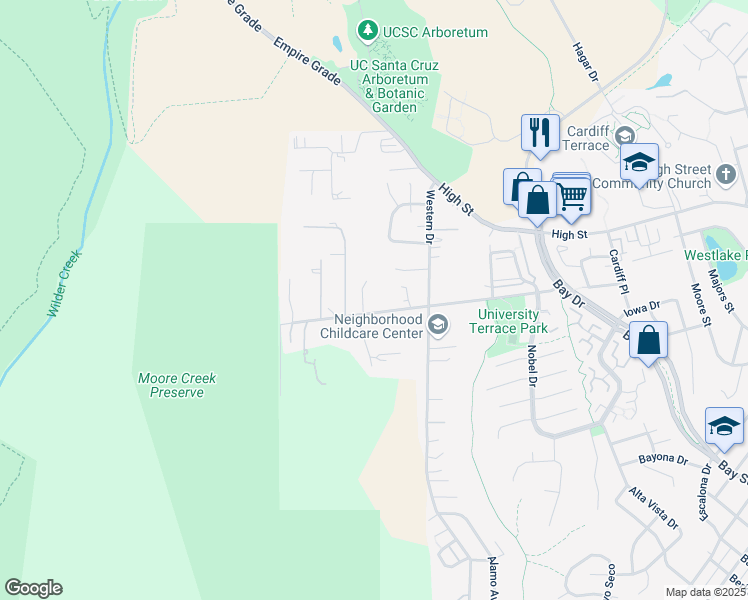 map of restaurants, bars, coffee shops, grocery stores, and more near 526 Meder St in Santa Cruz