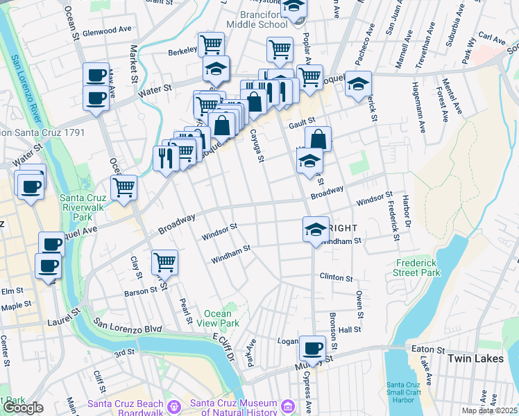 map of restaurants, bars, coffee shops, grocery stores, and more near 1106 Broadway in Santa Cruz