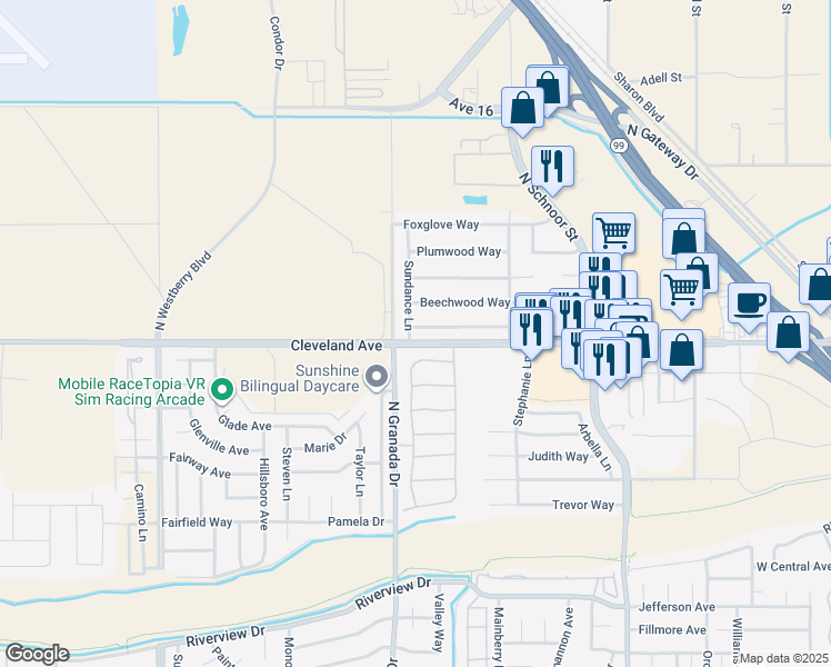 map of restaurants, bars, coffee shops, grocery stores, and more near 2536 Meadowrest Way in Madera