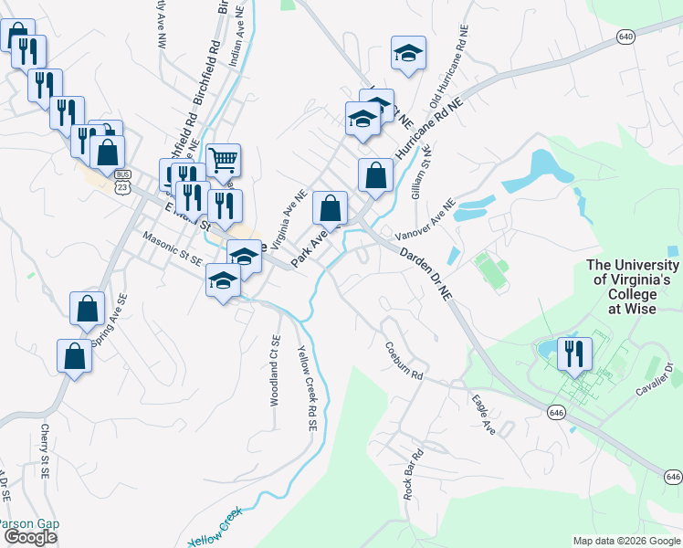 map of restaurants, bars, coffee shops, grocery stores, and more near 801-809 Old Coeburn Road in Wise