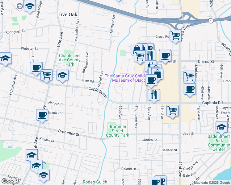 map of restaurants, bars, coffee shops, grocery stores, and more near 2923 Leotar Circle in Santa Cruz