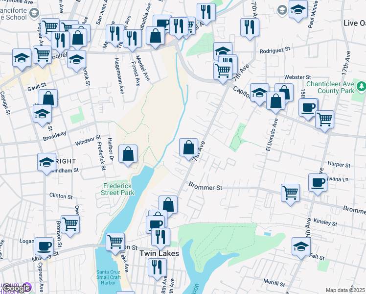 map of restaurants, bars, coffee shops, grocery stores, and more near 1171 7th Avenue in Santa Cruz