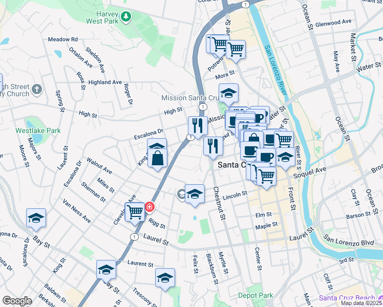 map of restaurants, bars, coffee shops, grocery stores, and more near 430 Locust Street in Santa Cruz