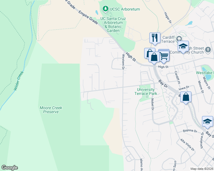 map of restaurants, bars, coffee shops, grocery stores, and more near 526 Meder Street in Santa Cruz