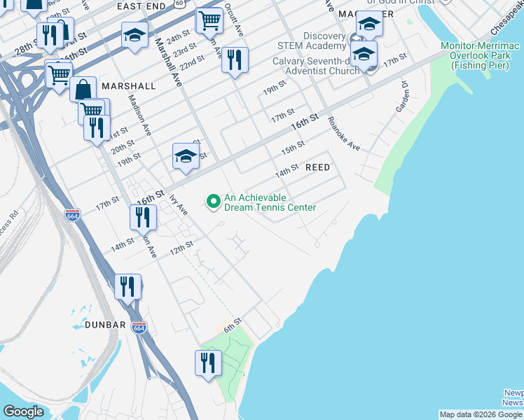 map of restaurants, bars, coffee shops, grocery stores, and more near 835 12th Street in Newport News