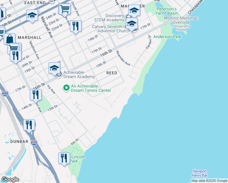 map of restaurants, bars, coffee shops, grocery stores, and more near 923 Christopher Pl in Newport News