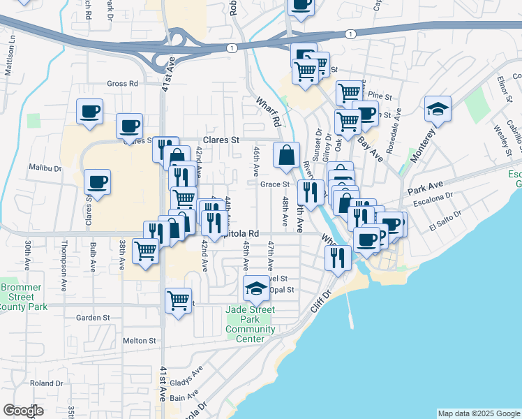 map of restaurants, bars, coffee shops, grocery stores, and more near 1780 46th Avenue in Capitola