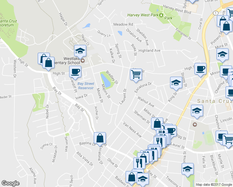 map of restaurants, bars, coffee shops, grocery stores, and more near 135 Spring Street in Santa Cruz
