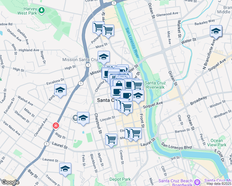 map of restaurants, bars, coffee shops, grocery stores, and more near 915 Cedar Street in Santa Cruz